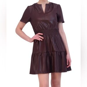 NWT women’s faux leather Cute Brown V Neck mini dress Stretch Fabric